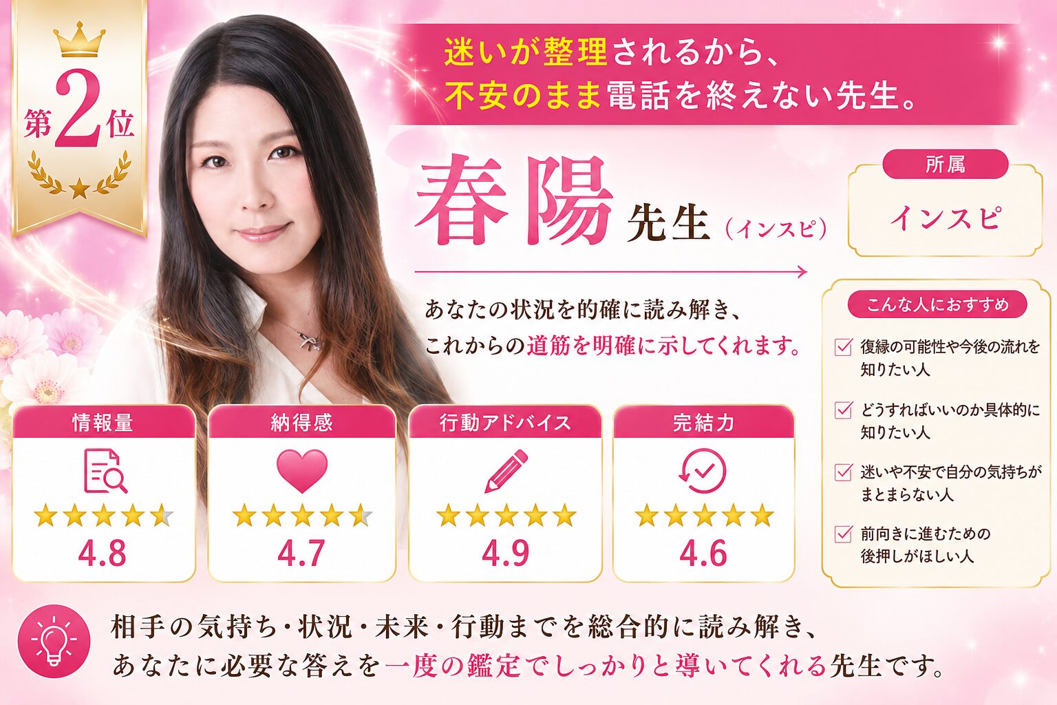 リピート不要 一度の鑑定で答えまで導いてくれる占い師ランキング2位 春陽先生